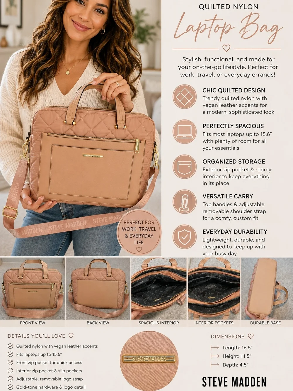 Steve Madden Quilted Laptop Tote in Blush Pink - Last Pic for callout On Handle